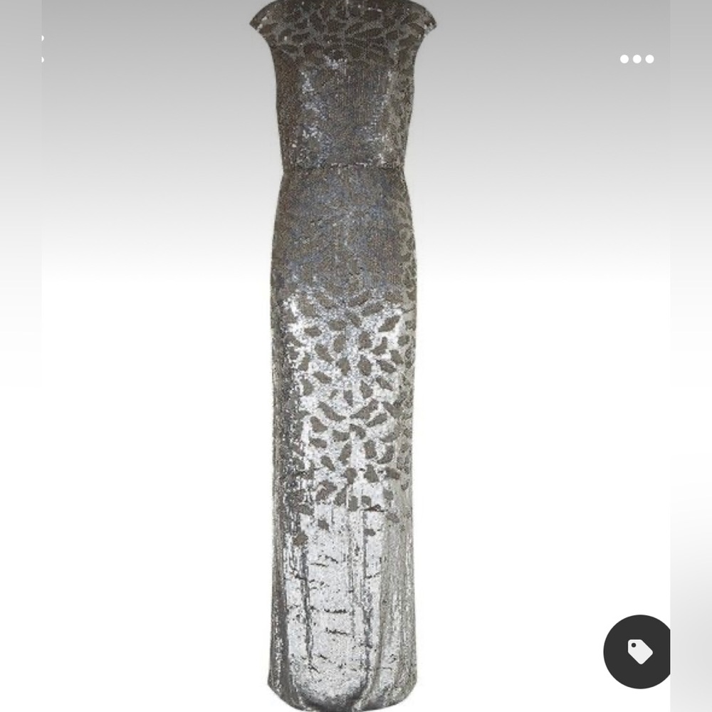 NWT Rachel Gilbert Carlotta Silver Sequin Floor Length Sz 10 Boatneck Gown